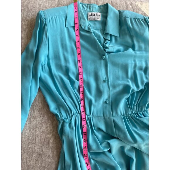 Vintage Ciao Ltd Blue 100% Silk Button-Up Midi Dress Sz 14 Coquette - Picture 10 of 10